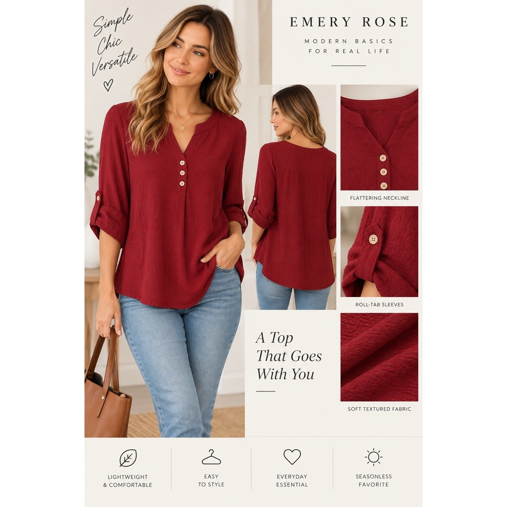 Emery Rose Burgundy Textured Roll Tab Sleeve Blouse 1XL Split Neck Top